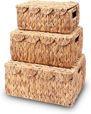 Scalloped Edge Wicker Basket with Lid, Rectangle Wicker Storage Basket with Buil