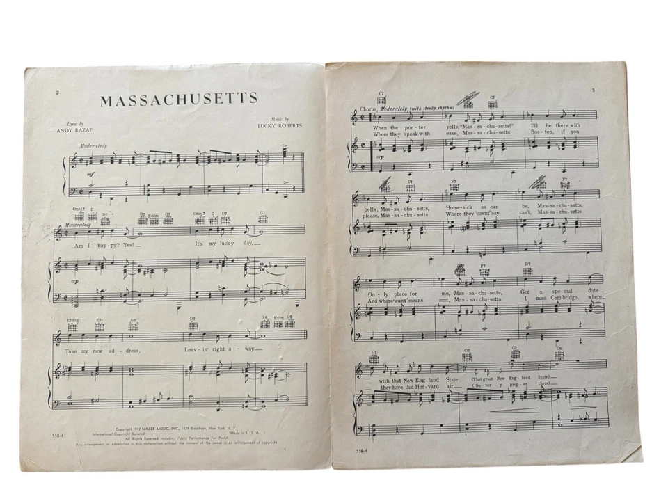 Partituras de Massachusetts 1942 Razaf Roberts Ranny Weeks Cape Cod mapa arte Foto 2 de 3