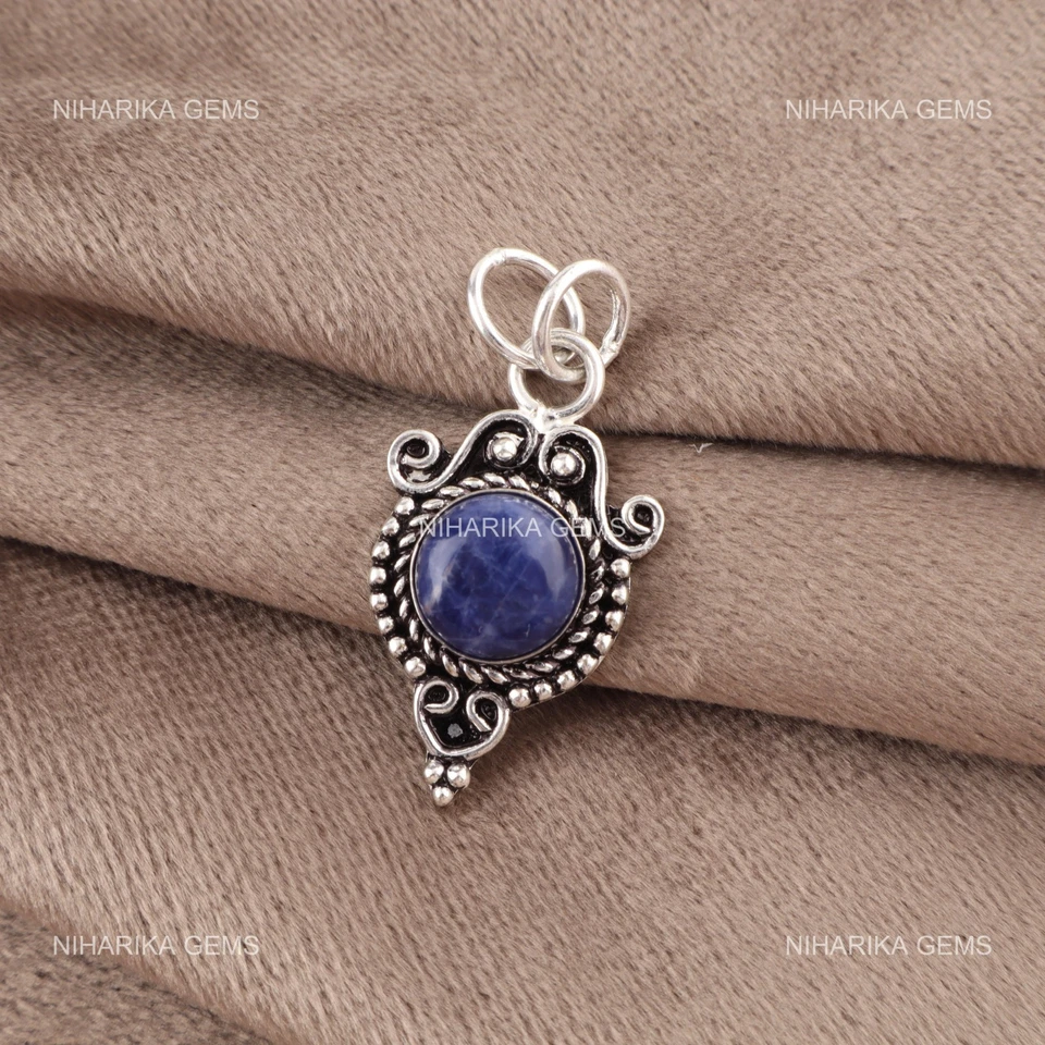 Rotondo Naturale Sodalite Argento Sterling Terzo Occhio Chakra Anniversario Wife - Immagine 4 di 4