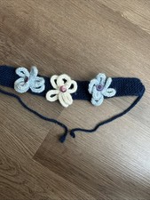 Crochet 3 Flower Head Scarf Tie Cottage Core Headband Blue