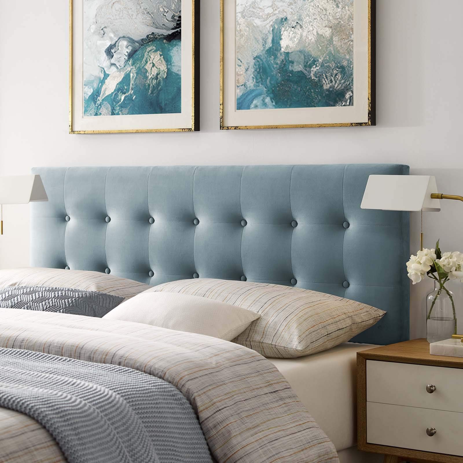 Emily Performance Velvet Queen Headboard Light Blue Tufted A
