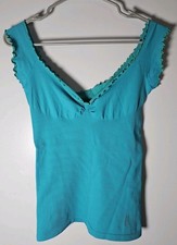 Guess by Marciano Blue Green Cap Sleeve Tank Top Ribbed Ruffle Y2K USA Made