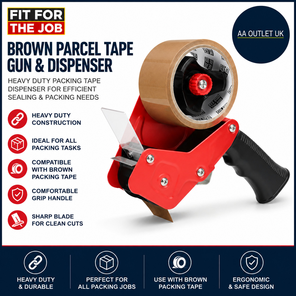 Fit For The Job Parcel Metal Gun Dispenser Heavy Duty Durable Red Packing Tape