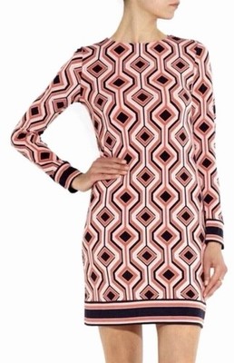 MICHAEL KORS Long Sleeve Shift Dress Geometric 70s Print Coral Navy Pink Size S