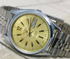 Orologio da polso uomo vintage Seiko 5 giallo automatico 17 gioielli giorno/data Giappone 6309