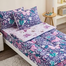 3Pcs Zip Up Bedding Comforter Set for Girls Butterfly All in One Twin Purple