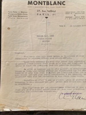 Montblanc  Pen Co Letter 21th Octobre, 1942 Paris Office27 Rue Taitbot Paris.