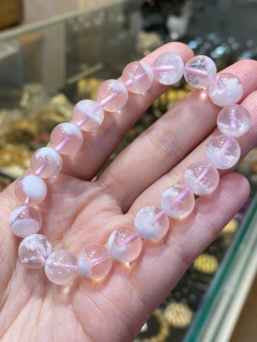 10.2mm Natural Pink Rutilated Phantom Quartz Stretch Crystal Beads Bracelet  AAAA