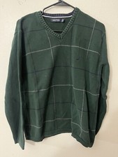 Nautica Men's M Green Plaid Textured V-neck long Sleeve Sweater 100 COTTON