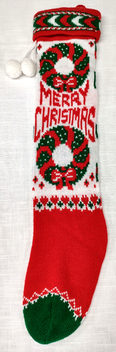 Vintage 24 in"Merry Christmas" Knit Stocking with Wreaths Design & Pom Poms
