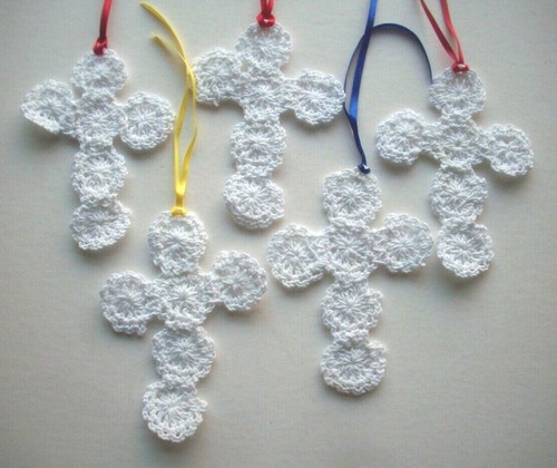 Lot of 5 White Handmade crocheted cross BIble bookmarks - Picture 1 of 2