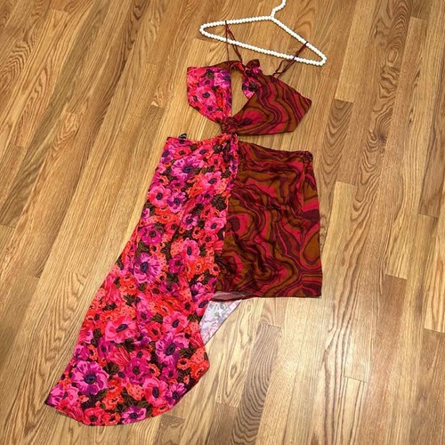 For Love & Lemons Mix Druck Ausschnitt Umarmung niedrig Minikleid rosa/res Übergröße 2X - Bild 10 von 11