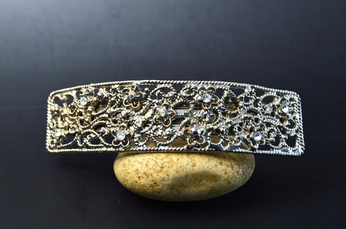 WOW! Art Nouveau Hair Barrette Clear Rhinestones & Silver Filligree Vintage