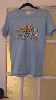 Vintage 80s  Blue Cotton Blend Iron On T Shirt Danger High Voltage Lover M Roach