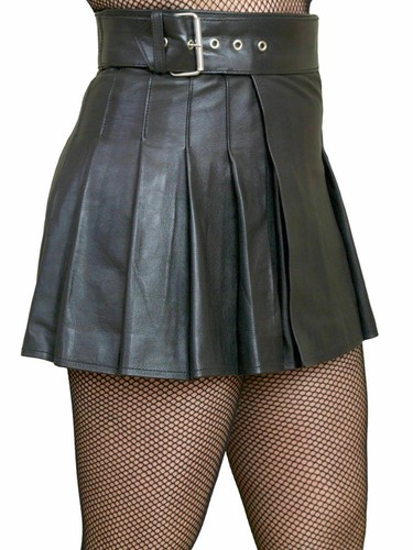 Women's 100% Lambskin Soft Leather Mini Skirt Stylish Pleated Belted Black Skirt - Picture 1 of 5