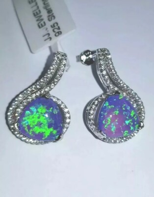 925 STERLINGSILBER RHODINIERT LABORGEFERTIGT BLAUER OPAL TROPFEN SAPHIR OHRRINGE 
