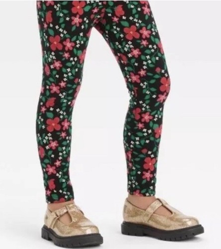 NWT Girls Cat & Jack Black Floral Legging Christmas Colors Size L 10/12 - Picture 3 of 7