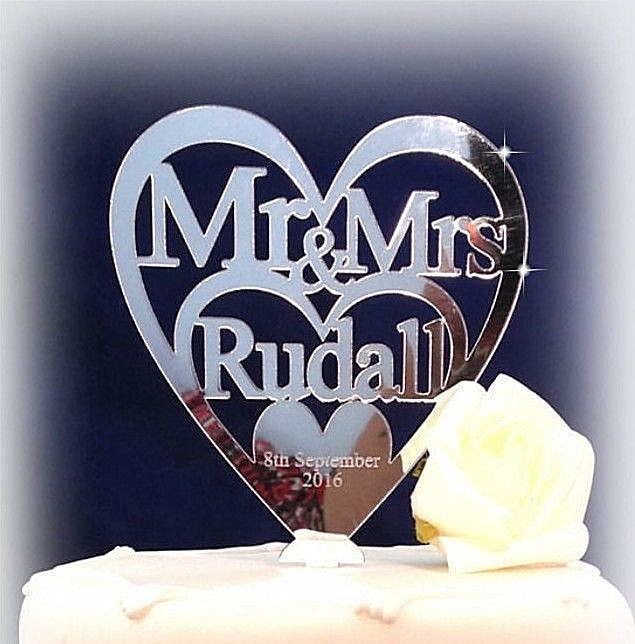 Personalised Mr & Mrs Cake Topper Wedding Anniversary Heart Lucky Keepsake C280
