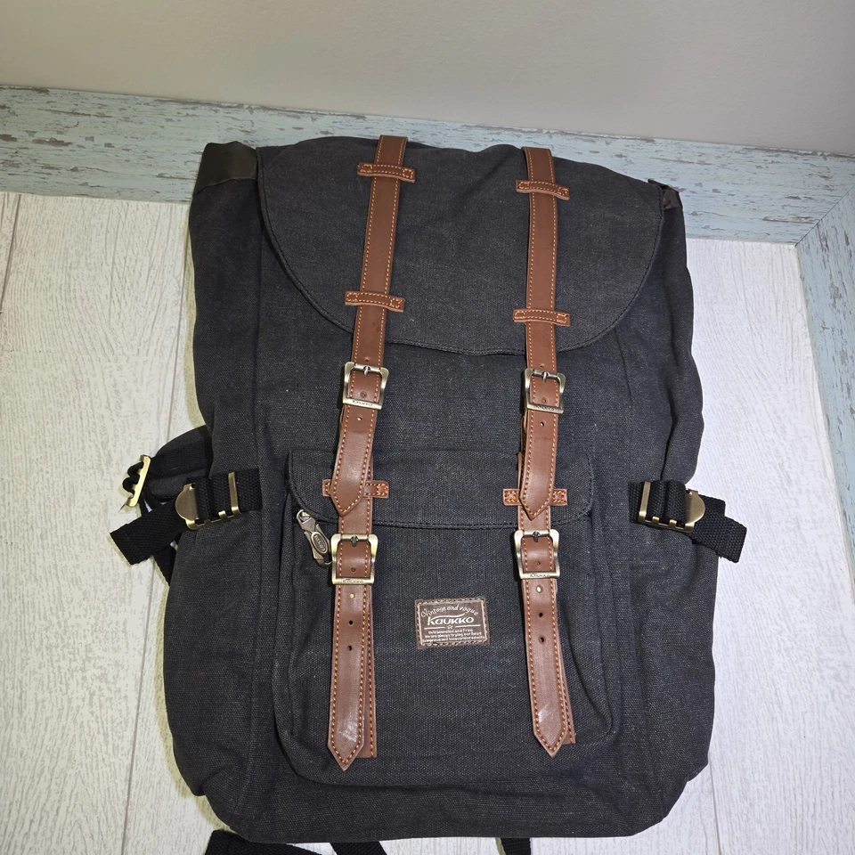 Kuakko Laptop Back Pack Dark Gray Brown Washed Canvas Leather Straps 15"Laptop Foto 2 de 4