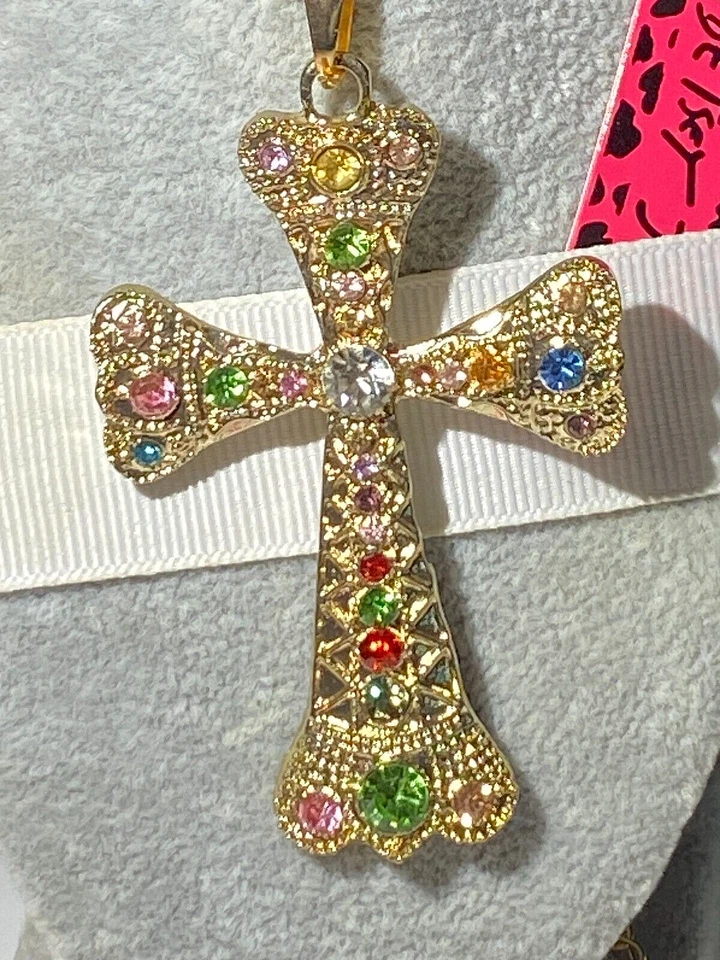 BETSEY JOHNSON CORONA GRANDE CRUZ GRANDE CRISTALES MULTICOLORES COLGANTE ORO Foto 4 de 4
