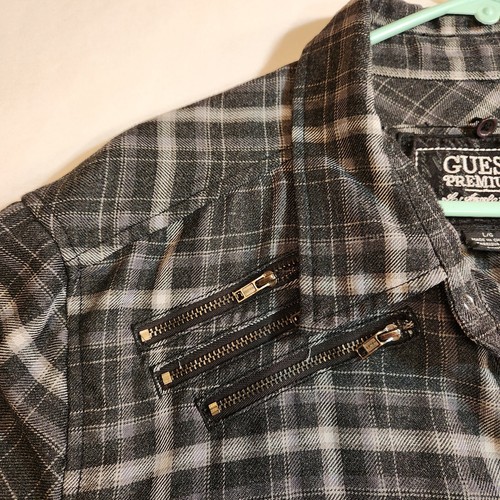 Guess Premium Mens Black Plaid Flannel Shirt Jacket Large Snap Zipper Pockets - Picture 2 of 24