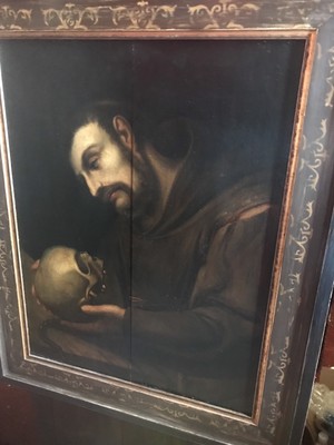 Antique 17th 18th Century Painting Monk With A Skull Church