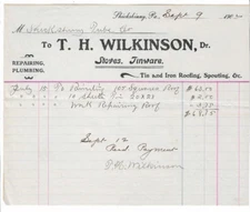 1902 Invoice, T.H. Wilkinson, Stoves/Tinware, Shickshinney Tube Co, Pennsylvania