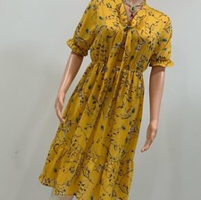 Women knee length tie v neck long sleeve floral print casual midi dresses
