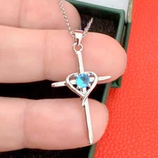 925 Sterling Silver Necklace Chain Cross Pendant Heart Blue December Birthstone