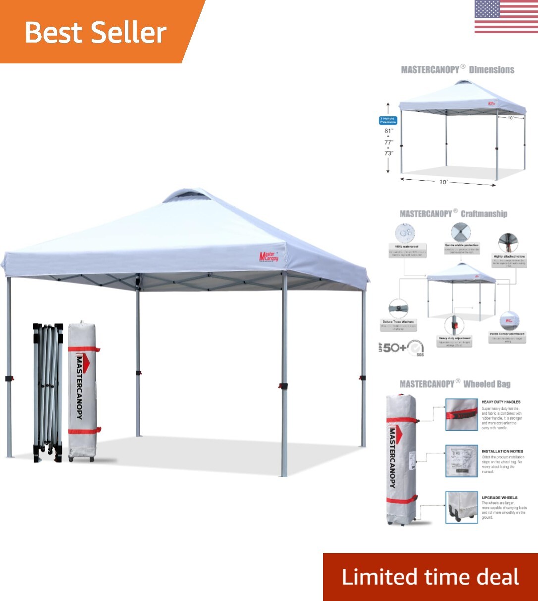 Tent - Durable, Upgraded Frame - 10x10, Roller Bag, Weight Bags