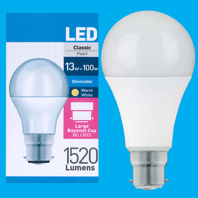 4x 13W (=100W) Dimmable GLS BC B22 A60 LED Light Bulb Warm White Lamp