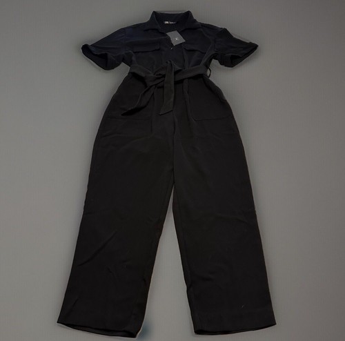 NEW ZARA Belted Zippered Jumpsuit Black V-Neck Womens M Short Sleeve 2154/731