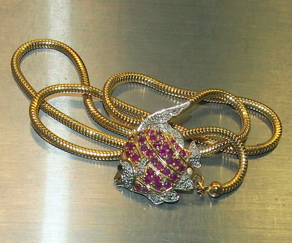 PENDANT FISH RUBY,DIAMOND YELLOW GOLD NECKLACE 17… - image 1