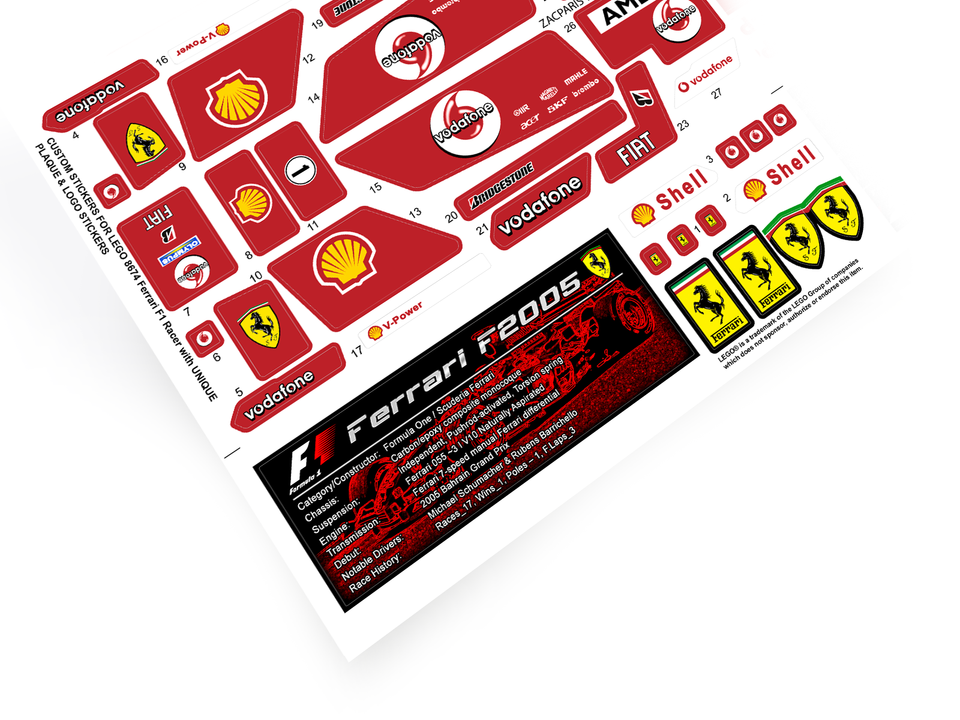 CUSTOM DIE CUT STICKERS for Set 8674 Ferrari F1 Racer + LOGO & PLAQUE ...