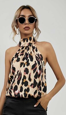 Shein Women allover Leopard print Halterneck sleveless Top, Size 4XL