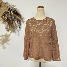 M A Dainty Brown Lace Top Floral Size 10 Designer Zip Botanical Boho Long Sleeve