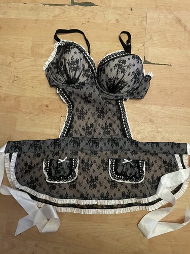 NEW VICTORIA SECRET sexy Maid Outfit Lingerie Size 36C Black Pink Lace E17