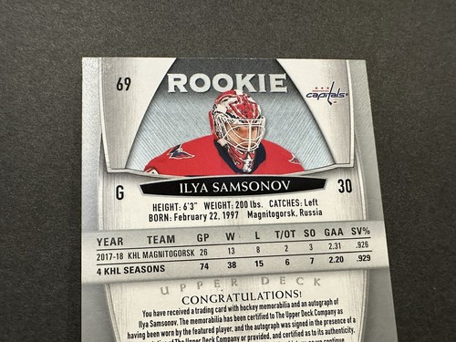 2018-19 UD The Cup/249 Ilya Samsonov #69 RPA parche de novato automático radiocontrol hockey ¡NHL! - Imagen 16 de 17