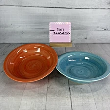 Citrus Grove AQUA BLUE & PEACH CORAL SWIRL Stoneware Coupe Soup Cereal Bowls 2