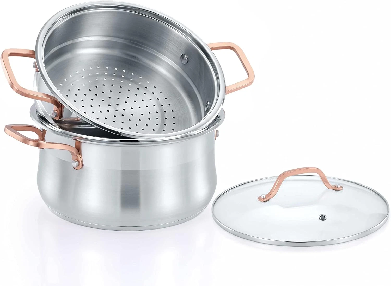 Rose Gold Handle 2-Tier Premium Stainless Steel Steamer - 22 cm