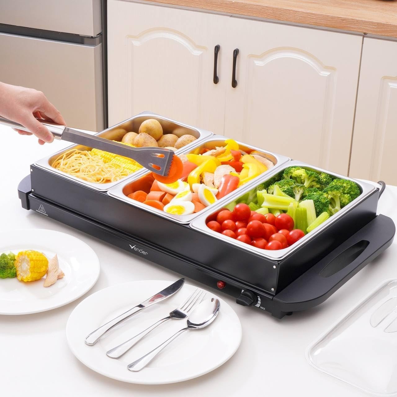 3-Pan Buffet Server, 3 x 2.5L Capacity Per Pans, 300W Food Warmer Adjustable