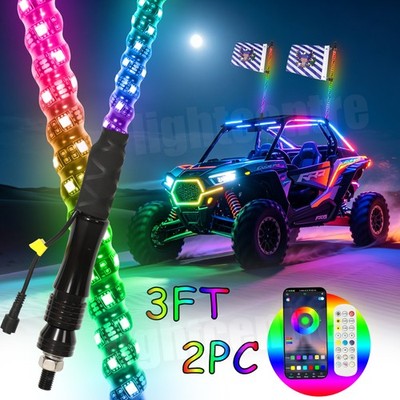 Pair 3FT RGB Spiral LED Whip Lights Antenna Chase + Flag&Remote for ATV UTV