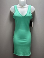 Popular 21 Green Ribbed Knit V Neck Sleeveless Bodycon Mini Dress M Stretch New