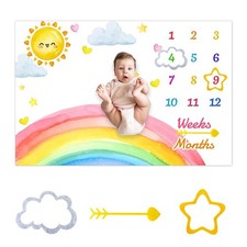 Watercolor Rainbow Baby Monthly Milestone Blanket Clouds Stars Sun