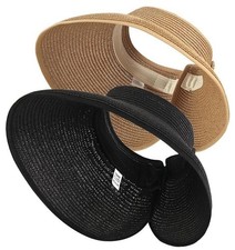 2Pcs Foldable Straw Sun Visor Hats,Wide Brim Ponytail Summer Beach Black Beige