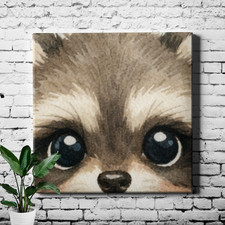 Baby Raccoon in Misty Pines Poster Print Soft Woodland Background