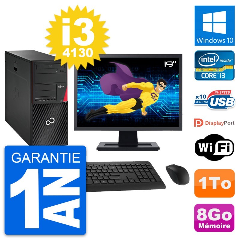 PC Tour Fujitsu P720 Ecran 19" Intel i3-4130 RAM 8Go Disque 1To Windows 10 Wifi