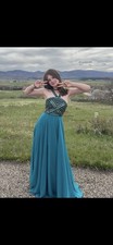 Teal Beaded Chiffon Sleeveless Long A-Line Gown Sweetheart Neck Formal Dress
