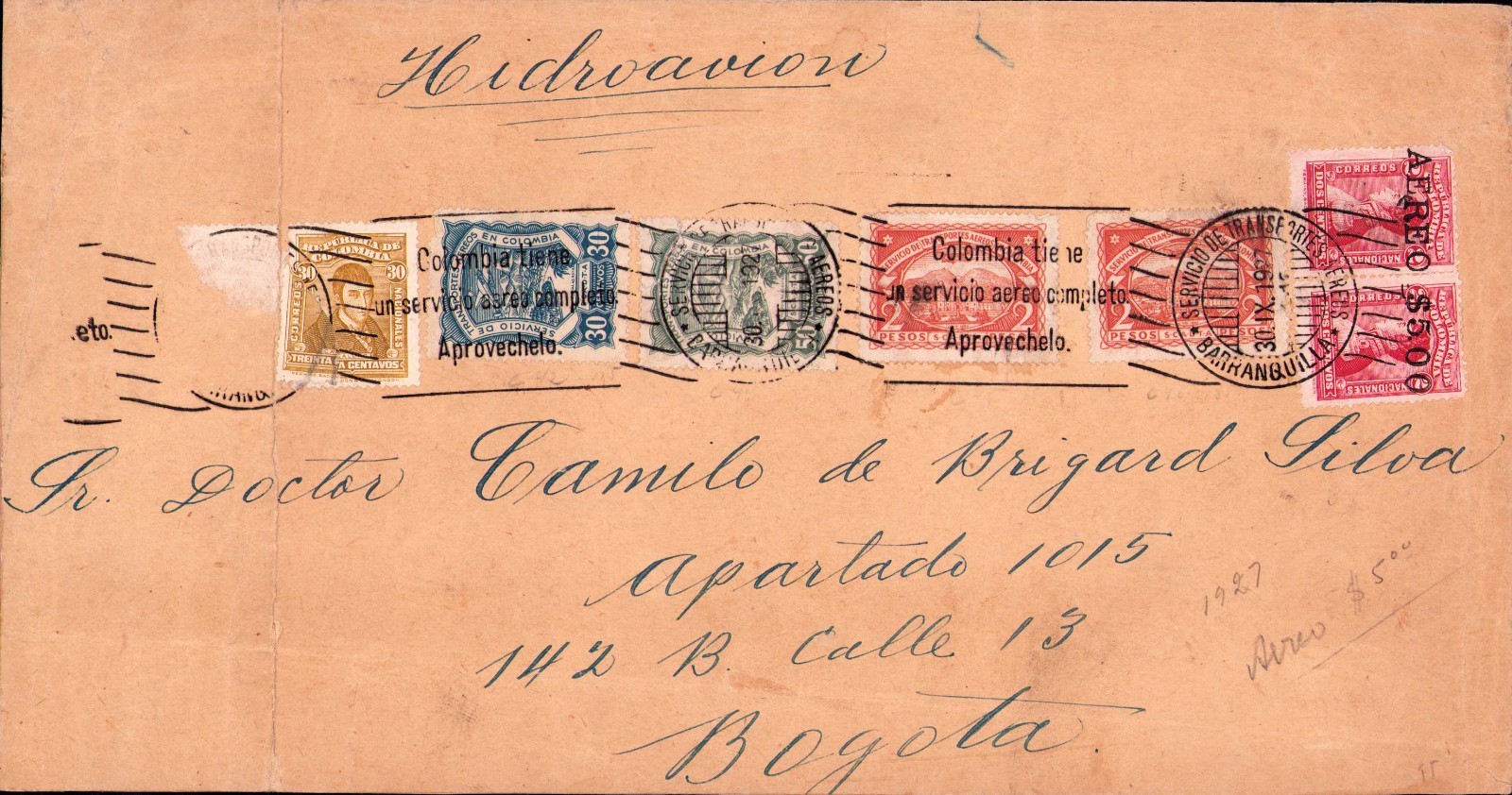 COLOMBIA - SCADTA - UNRECORDED - 4.80p COVER - BARRANQUILLA to BOGOTA - 1927 RRR