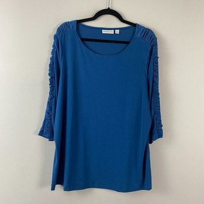 Susan Graver Liquid Knit Tunic Size 1X Blue 3/4 Ruched Sleeves Stretch